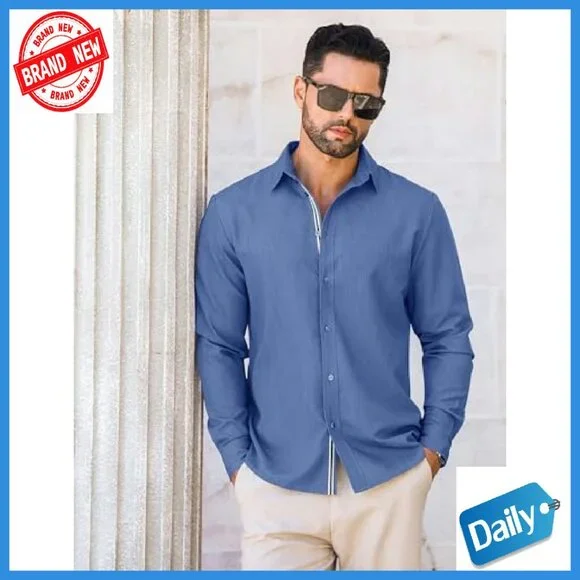 Men's Long Sleeve Button Down Shirt Wrinkle Free Business Casual Denim - Picture 4 of 8